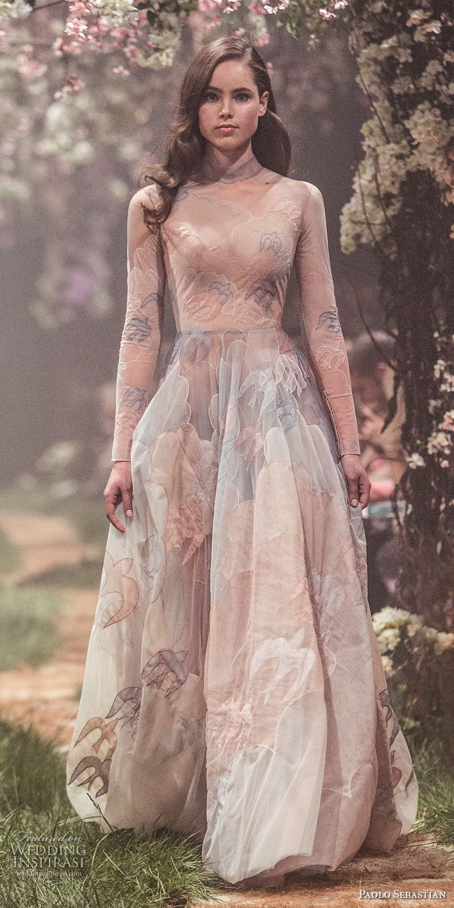 paolo sebastian spring 2018 couture long sleeves high neck prints romantic colored soft a line wedding dress (13) mv paolo sebastian spring 2018 couture long sleeves high neck prints romantic colored soft a line wedding dress (13) mv