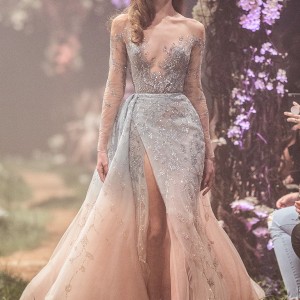 paolo sebastian spring 2018 couture long sleeves illusion bateau v neck full embellishment side slit romantic pastel blue blush color a  line wedding dress (6) mv
