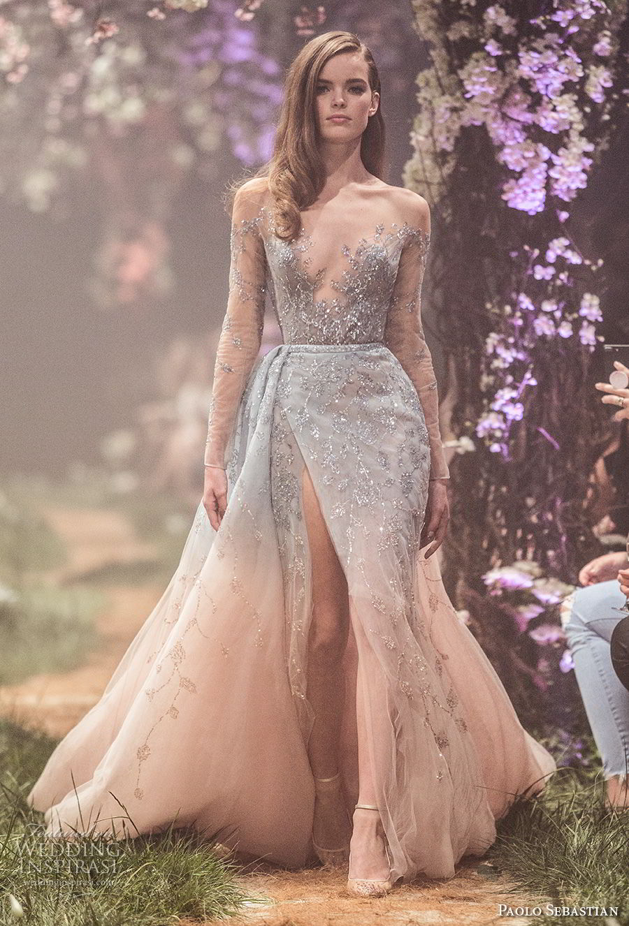 paolo sebastian spring 2018 couture long sleeves illusion bateau v neck full embellishment side slit romantic pastel blue blush color a line wedding dress (6) mv paolo sebastian spring 2018 couture long sleeves illusion bateau v neck full embellishment side slit romantic pastel blue blush color a line wedding dress (6) mv