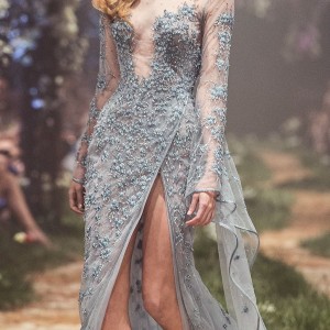 paolo sebastian spring 2018 couture long sleeves illusion high neck sweetheart neck full embellishment side slit blue color modifed a  line wedding dress (17) mv
