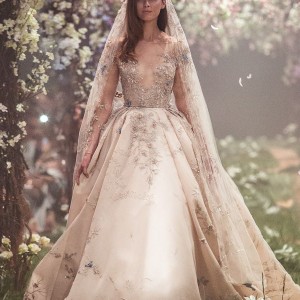 paolo sebastian spring 2018 couture long sleeves illusion jewel v neck heavily embellished bodice princess blush color ball gown a  line wedding dress (1) mv