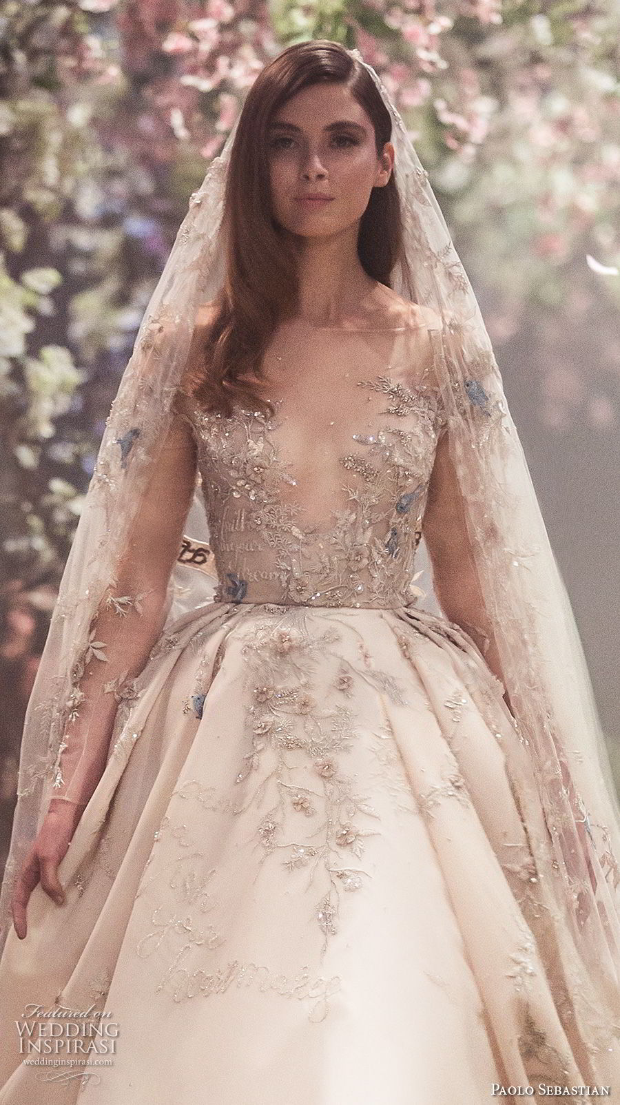 paolo sebastian spring 2018 couture long sleeves illusion jewel v neck heavily embellished bodice princess blush color ball gown a line wedding dress (1) zv paolo sebastian spring 2018 couture long sleeves illusion jewel v neck heavily embellished bodice princess blush color ball gown a line wedding dress (1) zv