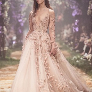 paolo sebastian spring 2018 couture long sleeves illusion jewel v neck heavily embellished bodice romantic blush color a  line wedding dress (2) mv