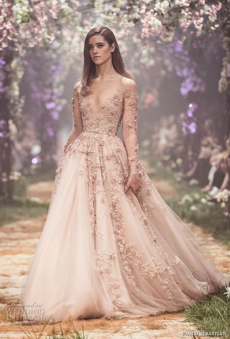 paolo sebastian spring 2018 couture long sleeves illusion jewel v neck heavily embellished bodice romantic blush color a line wedding dress (2) mv paolo sebastian spring 2018 couture long sleeves illusion jewel v neck heavily embellished bodice romantic blush color a line wedding dress (2) mv