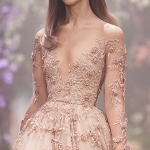 paolo sebastian spring 2018 couture long sleeves illusion jewel v neck heavily embellished bodice romantic blush color a  line wedding dress (2) zv