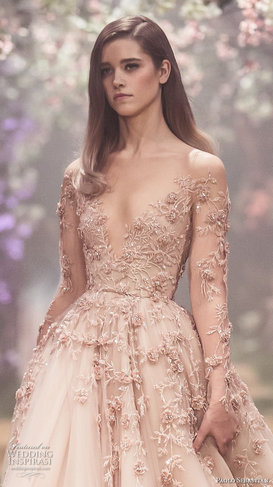 paolo sebastian spring 2018 couture long sleeves illusion jewel v neck heavily embellished bodice romantic blush color a  line wedding dress (2) zv