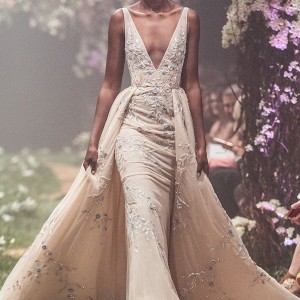 paolo sebastian spring 2018 couture sleeveless deep v neck heavily embellished bodice elegant champagne color sheath wedding dress a  line overskirt (12) mv