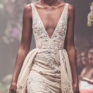 paolo sebastian spring 2018 couture sleeveless deep v neck heavily embellished bodice elegant champagne color sheath wedding dress a  line overskirt (12) zv