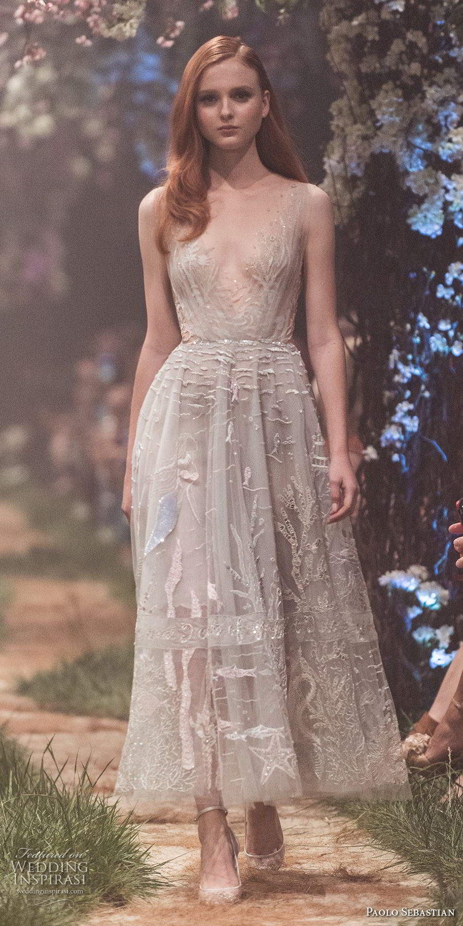 paolo sebastian spring 2018 couture sleeveless illusion bateau v neck full embellishment romantic knee length short wedding dress (11) mv