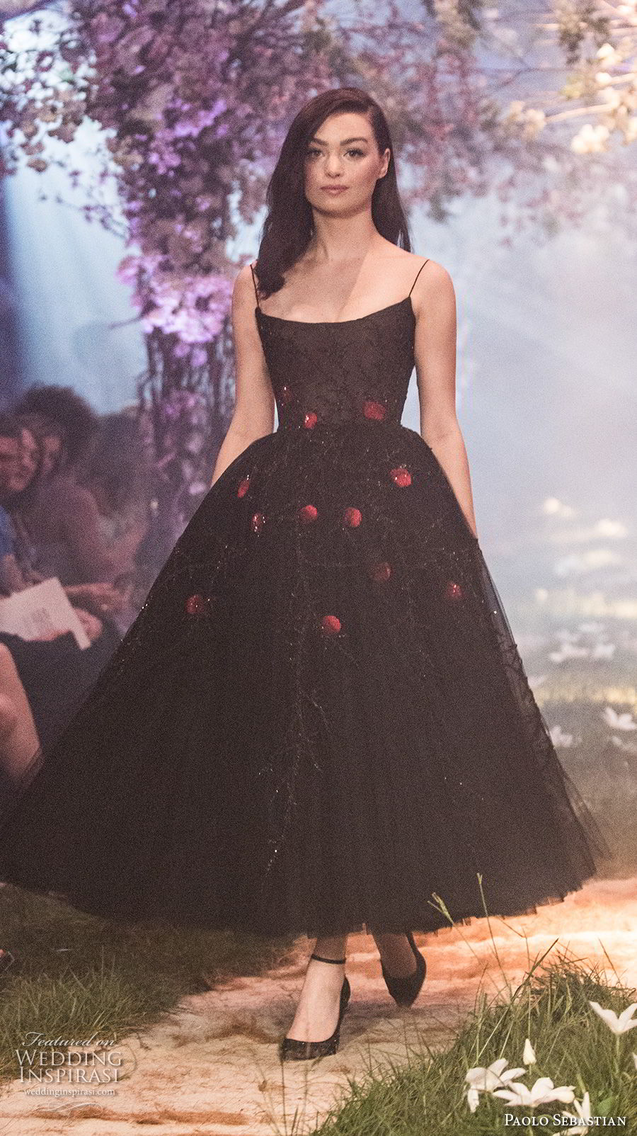 paolo sebastian spring 2018 couture spaghetti strap scoop neck heavily embellished bodice romantic black tea length short wedding dress (27) mv