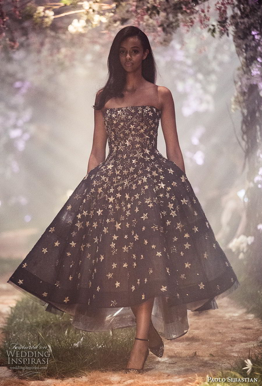 paolo sebastian spring 2018 couture strapless straight across neckline full embellishment romantic pretty cute black tea length short wedding dress (5) mv paolo sebastian spring 2018 couture strapless straight across neckline full embellishment romantic pretty cute black tea length short wedding dress (5) mv
