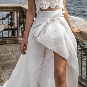 pinella passaro 2018 bridal cap sleeves bateau neck heavily embellished bodice crop top romantic high low a  line wedding dress chapel train (5) mv