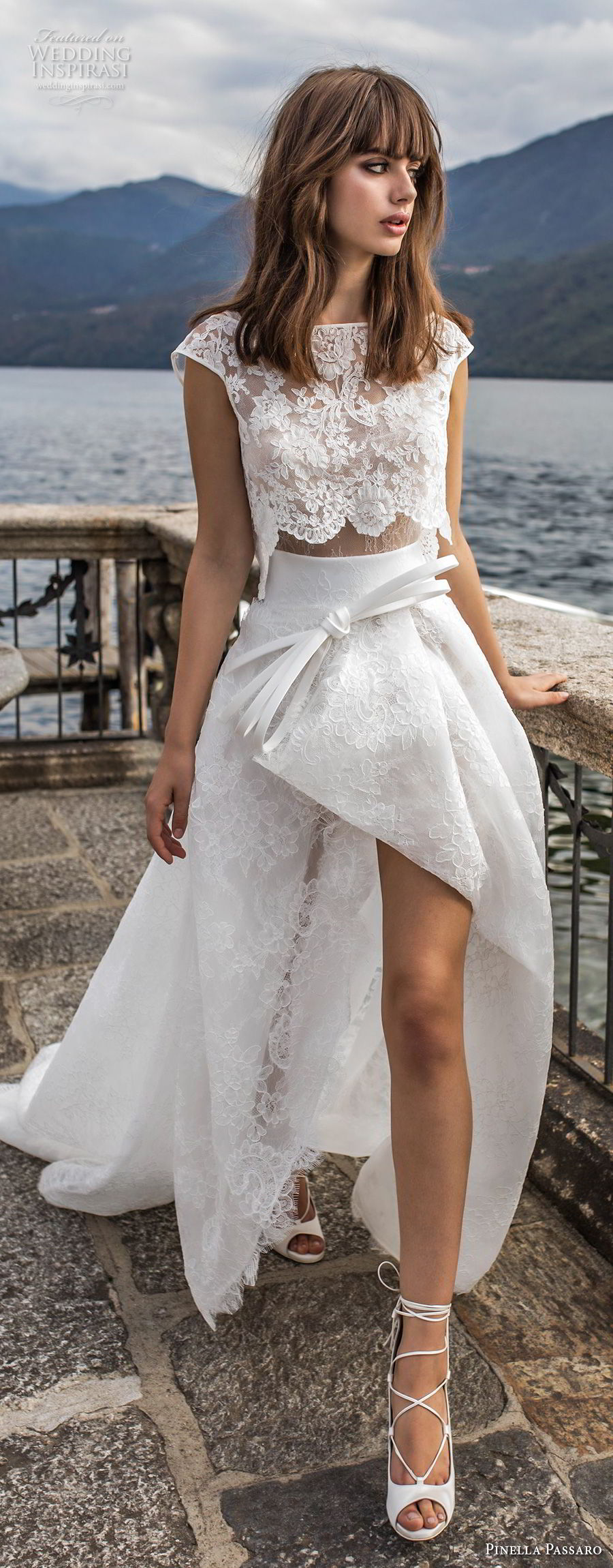 pinella passaro 2018 bridal cap sleeves bateau neck heavily embellished bodice crop top romantic high low a  line wedding dress chapel train (5) mv