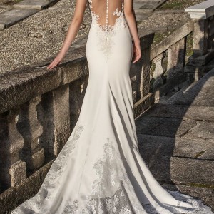 pinella passaro 2018 bridal cap sleeves deep plunging v neck heavily embellished bodice elegant fit and flare sheath wedding dress sheer button back chapel train (9) bv
