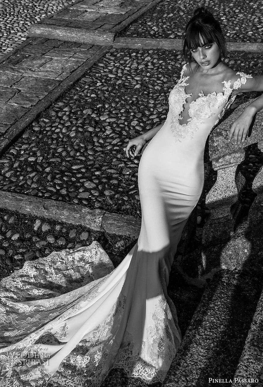 pinella passaro 2018 bridal cap sleeves deep plunging v neck heavily embellished bodice elegant fit and flare sheath wedding dress sheer button back chapel train (9) mv
