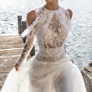 pinella passaro 2018 bridal cold shoulder long sleeves halter neck jewel neck heavily embellished bodice elegant romantic a  line wedding dress covered lace back chapel back (7) zv mv