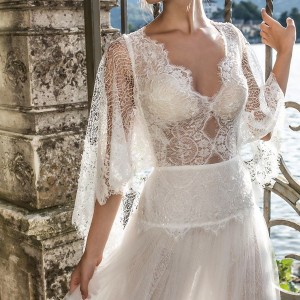 pinella passaro 2018 bridal half cornet sleeves v neck heavily embellished bodice tulle skirt elegant romantic soft a  line wedding dress open back (8) mv zv