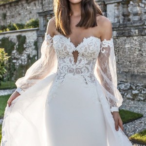 pinella passaro 2018 bridal long bishop sleeves strapless sweetheart neckline heavily embellished bodice elegant romantic sheath wedding dress a  line overskirt (17) zv mv
