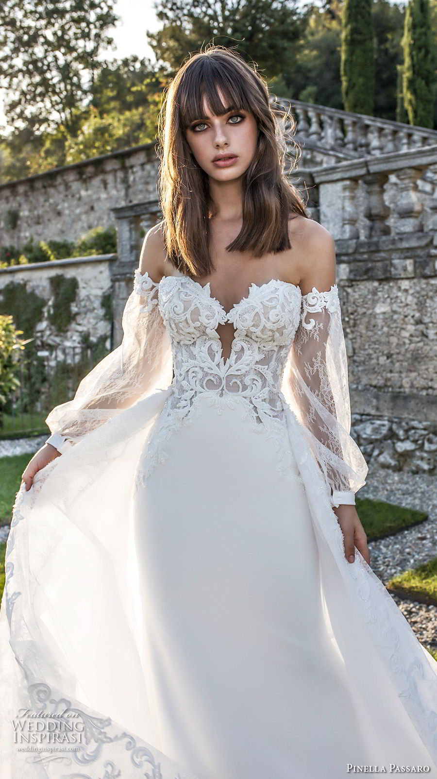 pinella passaro 2018 bridal long bishop sleeves strapless sweetheart neckline heavily embellished bodice elegant romantic sheath wedding dress a line overskirt (17) zv mv pinella passaro 2018 bridal long bishop sleeves strapless sweetheart neckline heavily embellished bodice elegant romantic sheath wedding dress a line overskirt (17) zv mv