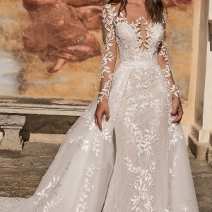 pinella passaro 2018 bridal long sleeves deep plunging sweetheart neck full embellishment princess romantic fit and flare wedding dress a  line overskirt long train (15) mv