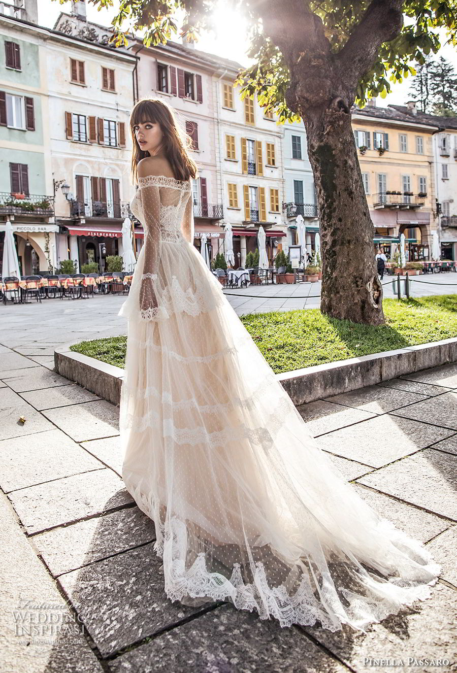 pinella passaro 2018 bridal off the shoulder long poet sleeves straight across neckline lace romantic a line wedding dress lace back chapel train (3) mv bv pinella passaro 2018 bridal off the shoulder long poet sleeves straight across neckline lace romantic a line wedding dress lace back chapel train (3) mv bv