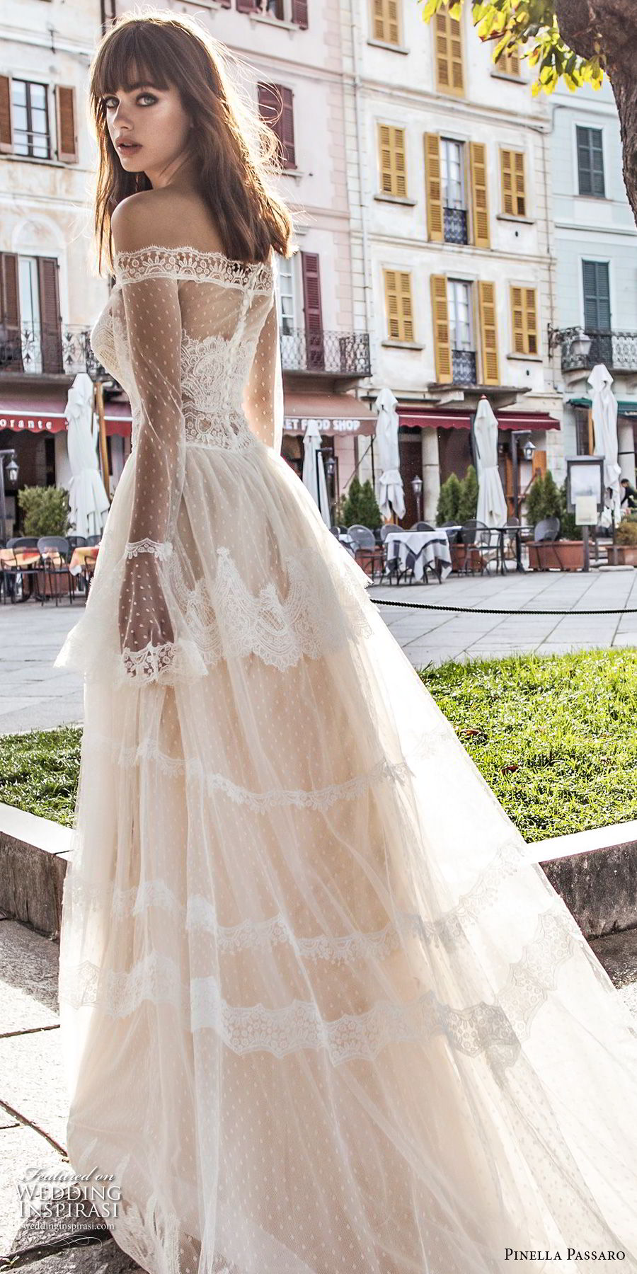 pinella passaro 2018 bridal off the shoulder long poet sleeves straight across neckline lace romantic a  line wedding dress lace back chapel train (3)  zbv