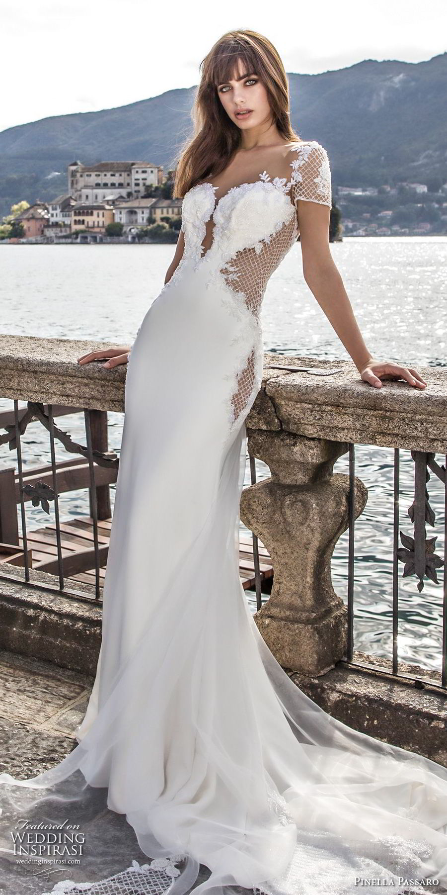 pinella passaro 2018 bridal short sleeves deep plunging sweetheart neckline heavily embellished bodice elegant sheath wedding dress open sheer back chapel train (6) lv pinella passaro 2018 bridal short sleeves deep plunging sweetheart neckline heavily embellished bodice elegant sheath wedding dress open sheer back chapel train (6) lv
