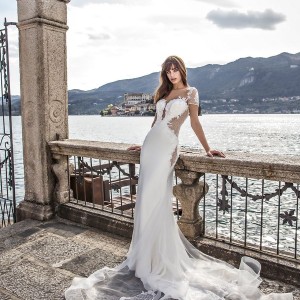 pinella passaro 2018 bridal short sleeves deep plunging sweetheart neckline heavily embellished bodice elegant sheath wedding dress open sheer back chapel train (6) mv
