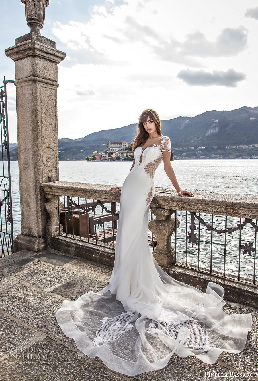 pinella passaro 2018 bridal short sleeves deep plunging sweetheart neckline heavily embellished bodice elegant sheath wedding dress open sheer back chapel train (6) mv pinella passaro 2018 bridal short sleeves deep plunging sweetheart neckline heavily embellished bodice elegant sheath wedding dress open sheer back chapel train (6) mv