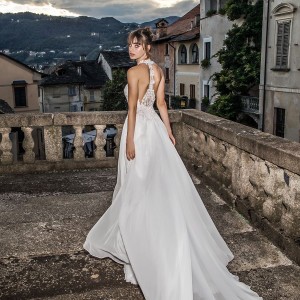pinella passaro 2018 bridal sleeveless halter neck sweetheart neckline heavily embellished bodice side slit romantic soft a  line wedding dress rasor back chapel train (10) bv