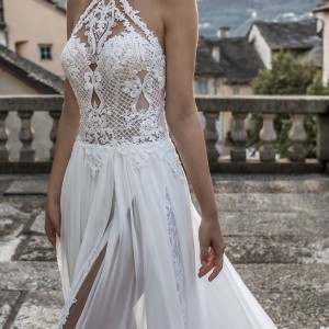 pinella passaro 2018 bridal sleeveless halter neck sweetheart neckline heavily embellished bodice side slit romantic soft a  line wedding dress rasor back chapel train (10) mv