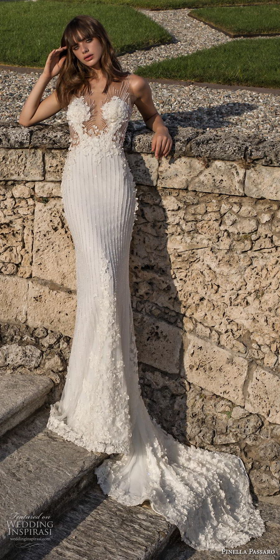 pinella passaro 2018 bridal sleeveless illusion scoop deep plunging sweetheart full embellishment elegant sheath fit and flare wedding dress chapel train (16) mv