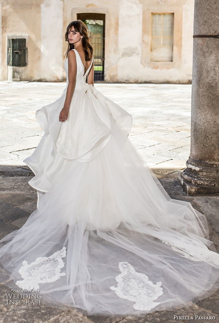 pinella passaro 2018 bridal sleeveless v neck wrap over bodice simple romantic peplum princess ball gown a  line wedding dress open v back royal train (13) bv