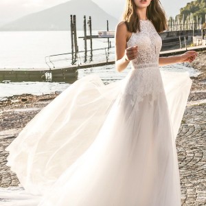 pinella passaro 2018 bridal sleevless halter neck heavily embellished bodice romantic a  line wedding dress open slit back royal train (18) mv