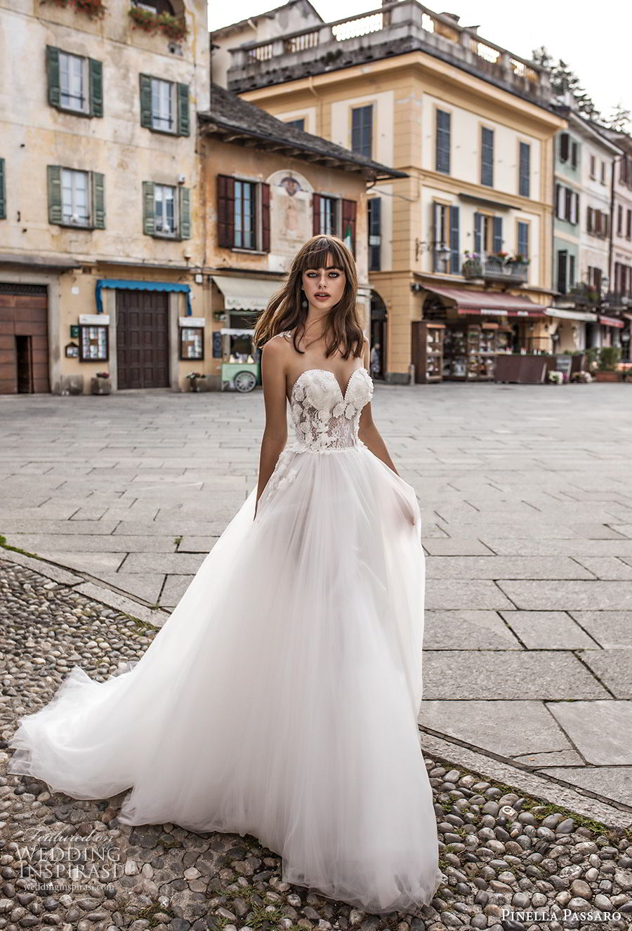 pinella passaro 2018 bridal strapless sweetheart neckline heavily embellished bodice tulle skirt romantic a  line wedding dress chapel train (2) mv