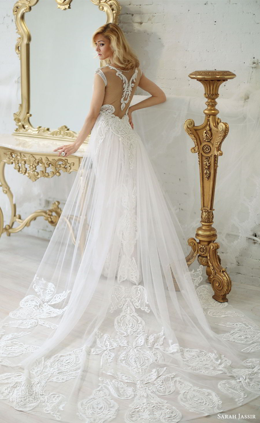 sarah jassir bridal 2018 off shoulder deep v neck illusion jewel neckline cap sleeves sheath lace wedding dress (andi) bv illusion back chapel train elegant