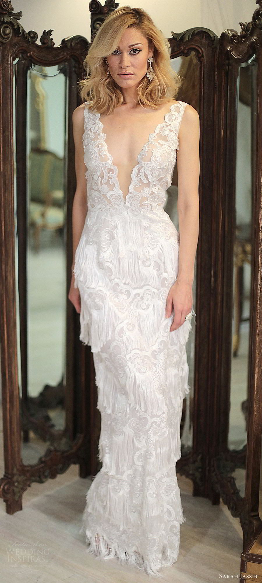 sarah jassir bridal 2018 sleeveless illusion straps deep v neck heavily embellished lace sheath wedding dress (ivana) bv sweep train fringe skirt