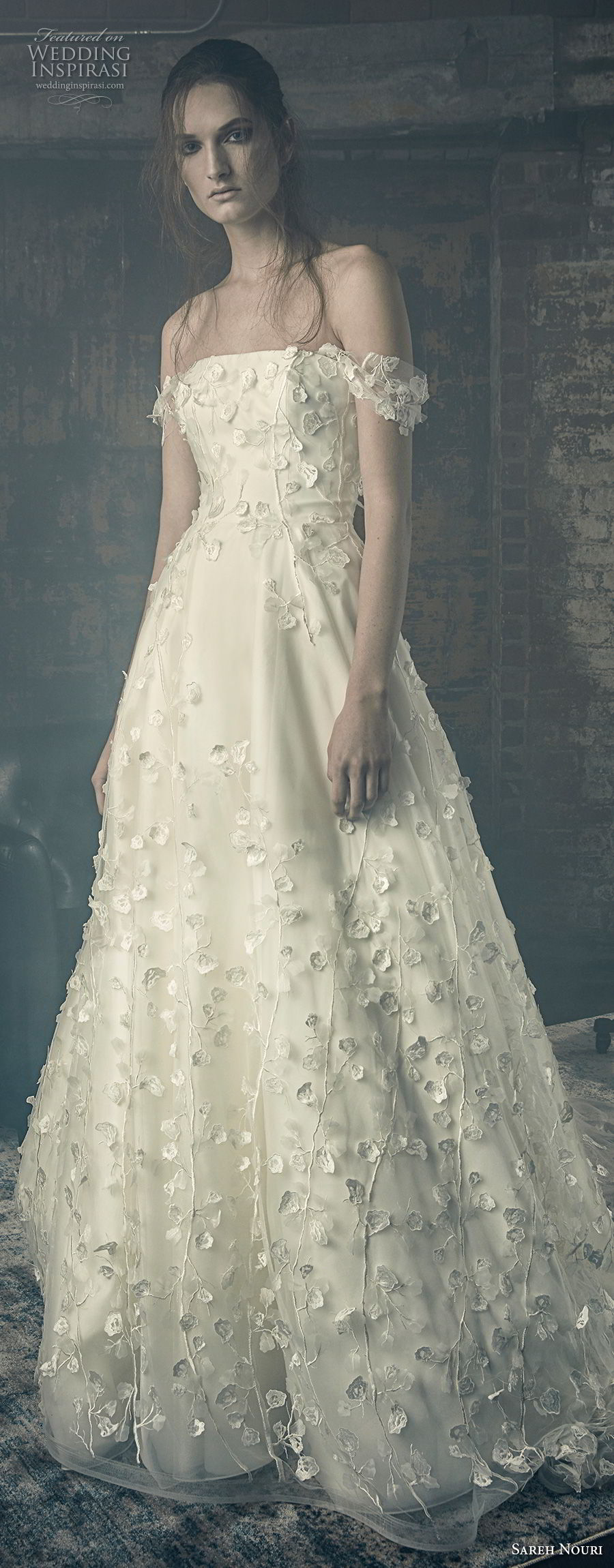 sareh nouri fall 2018 bridal off the should strap straight across neckline full embellishment romantic a  line wedding dress chapel train (9) lv