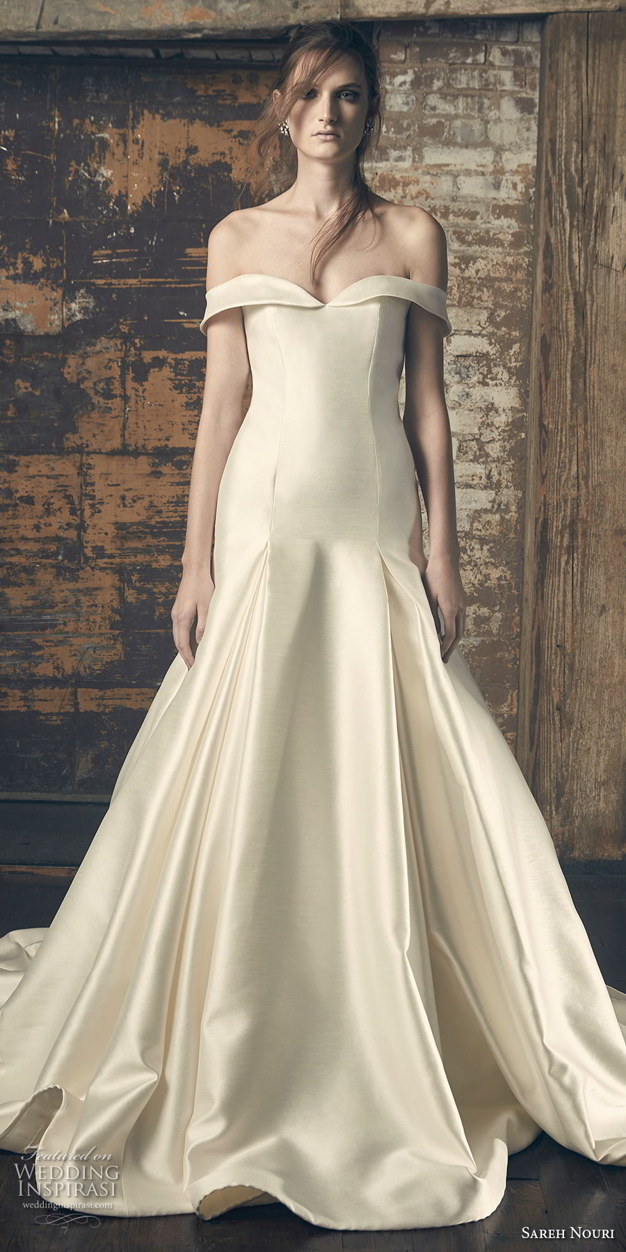 sareh nouri fall 2018 bridal off the shoulder semi sweetheart neckline simple clean bodice elegant a  line wedding dress chapel train (10) fv lv