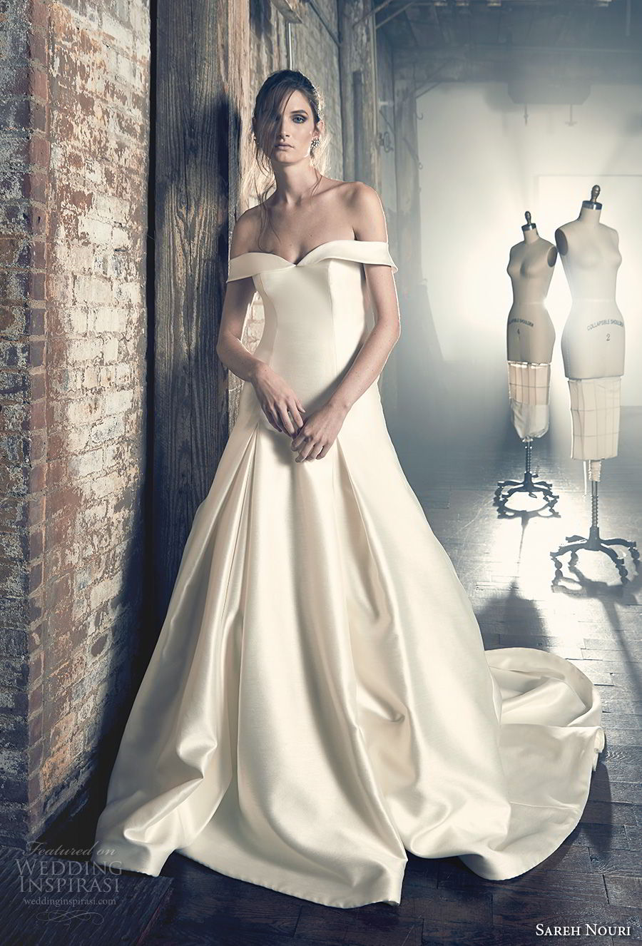 sareh nouri fall 2018 bridal off the shoulder semi sweetheart neckline simple clean bodice elegant a line wedding dress chapel train (10) mv sareh nouri fall 2018 bridal off the shoulder semi sweetheart neckline simple clean bodice elegant a line wedding dress chapel train (10) mv