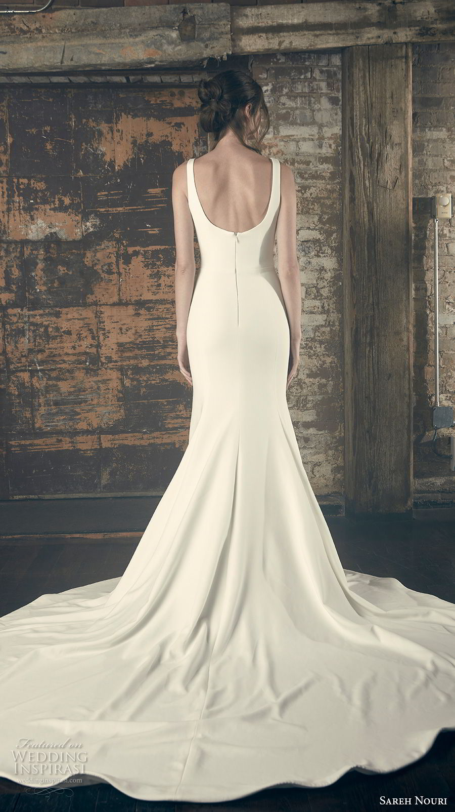 sareh nouri fall 2018 bridal sleeveless with strap v neck simple clean bodice elegant classic fit and flare trumpet wedding dress open scoop back chapel train (11) bv