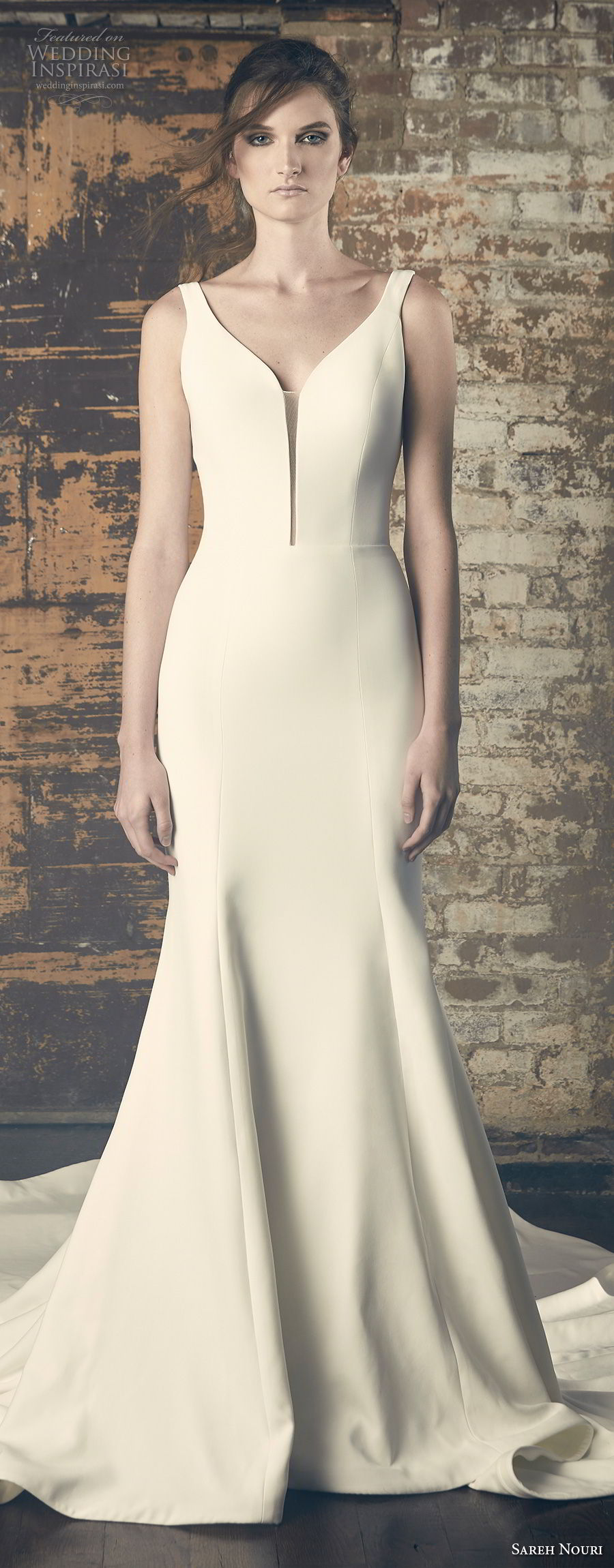 sareh nouri fall 2018 bridal sleeveless with strap v neck simple clean bodice elegant classic fit and flare trumpet wedding dress open scoop back chapel train (11) mv fv sareh nouri fall 2018 bridal sleeveless with strap v neck simple clean bodice elegant classic fit and flare trumpet wedding dress open scoop back chapel train (11) mv fv
