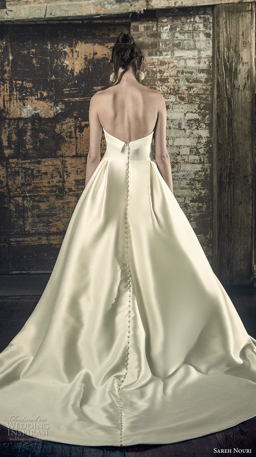 sareh nouri fall 2018 bridal strapless straight across neckline simple clean classic elegant a  line wedding dress open back chapel train (3) bv