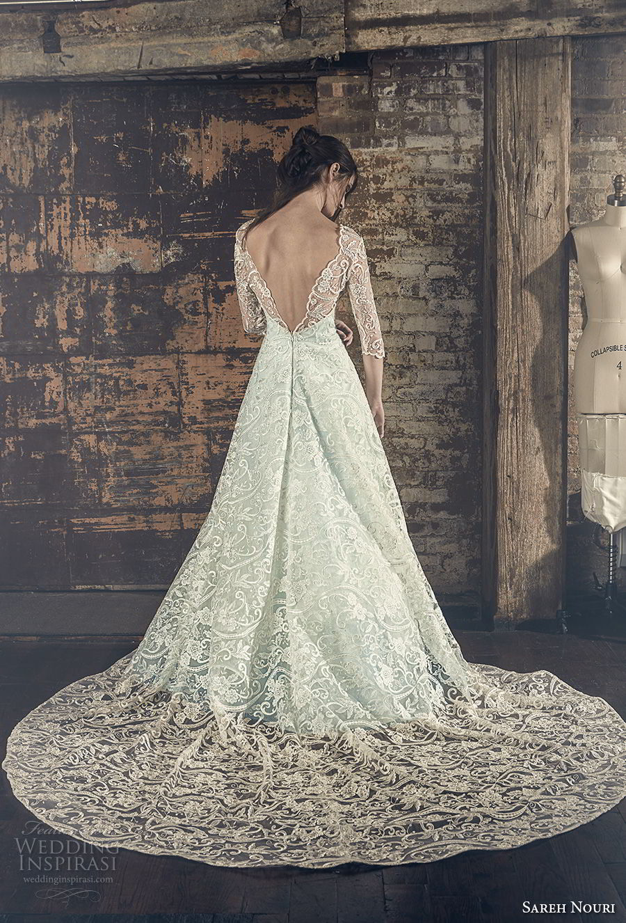 sareh nouri fall 2018 bridal three quarter sleeves illusion v sweetheart neckline full embellishment elegant romantic a line wedding dress open v back chapel train (12) bv sareh nouri fall 2018 bridal three quarter sleeves illusion v sweetheart neckline full embellishment elegant romantic a line wedding dress open v back chapel train (12) bv