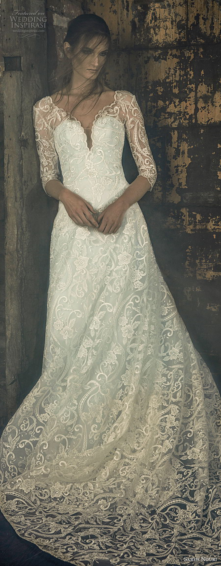 sareh nouri fall 2018 bridal three quarter sleeves illusion v sweetheart neckline full embellishment elegant romantic a line wedding dress open v back chapel train (12) lv sareh nouri fall 2018 bridal three quarter sleeves illusion v sweetheart neckline full embellishment elegant romantic a line wedding dress open v back chapel train (12) lv