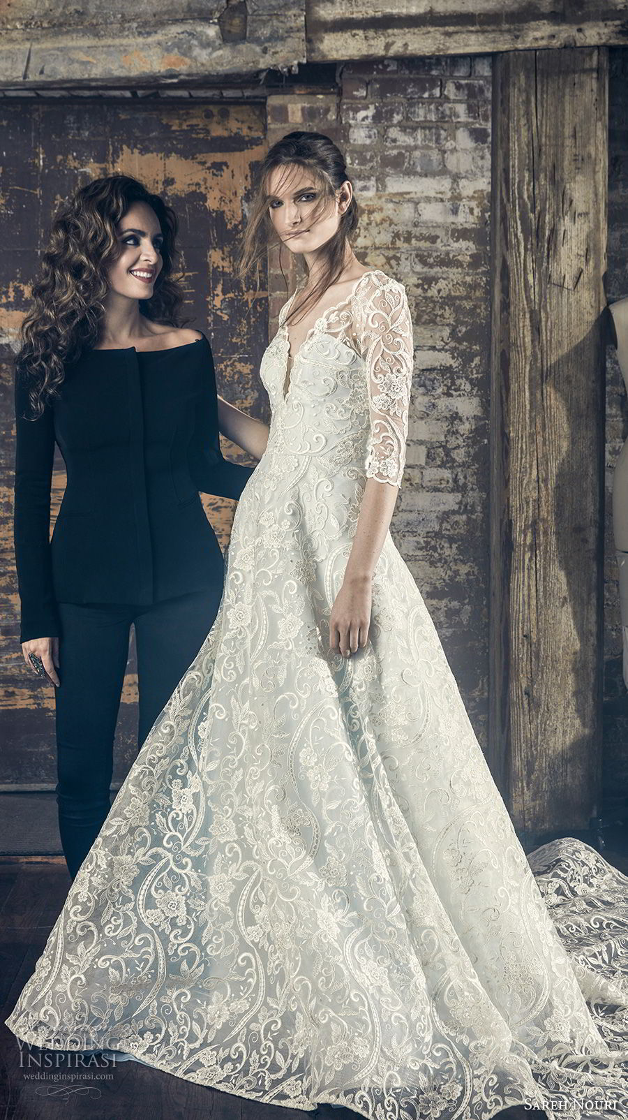 sareh nouri fall 2018 bridal three quarter sleeves illusion v sweetheart neckline full embellishment elegant romantic a line wedding dress open v back chapel train (12) mv sareh nouri fall 2018 bridal three quarter sleeves illusion v sweetheart neckline full embellishment elegant romantic a line wedding dress open v back chapel train (12) mv