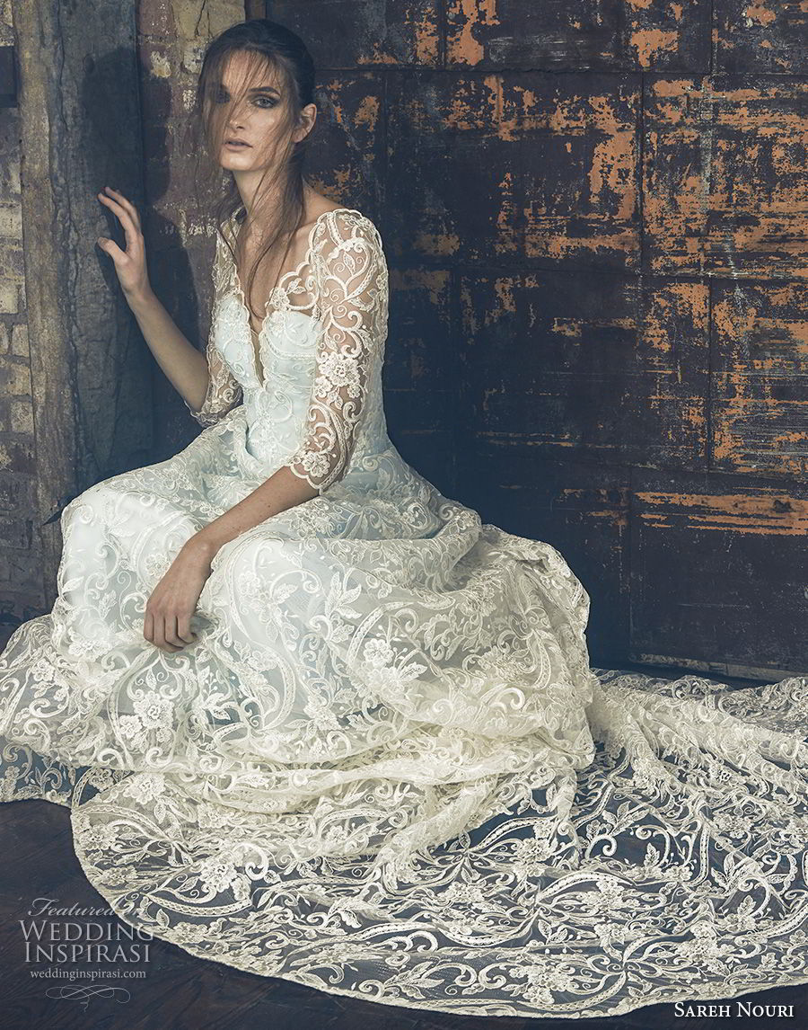 sareh nouri fall 2018 bridal three quarter sleeves illusion v sweetheart neckline full embellishment elegant romantic a line wedding dress open v back chapel train (12) mv sareh nouri fall 2018 bridal three quarter sleeves illusion v sweetheart neckline full embellishment elegant romantic a line wedding dress open v back chapel train (12) mv