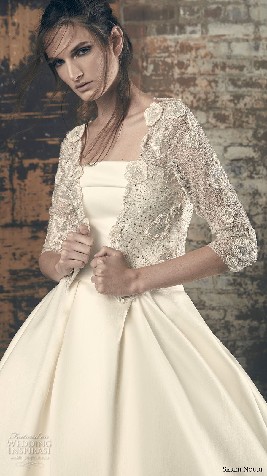 sareh nouri fall 2018 bridal three quarter sleeves strapless straight across neckline simple clean lace jacket classic elegant a line wedding dress open back chapel train (3) zv sareh nouri fall 2018 bridal three quarter sleeves strapless straight across neckline simple clean lace jacket classic elegant a line wedding dress open back chapel train (3) zv