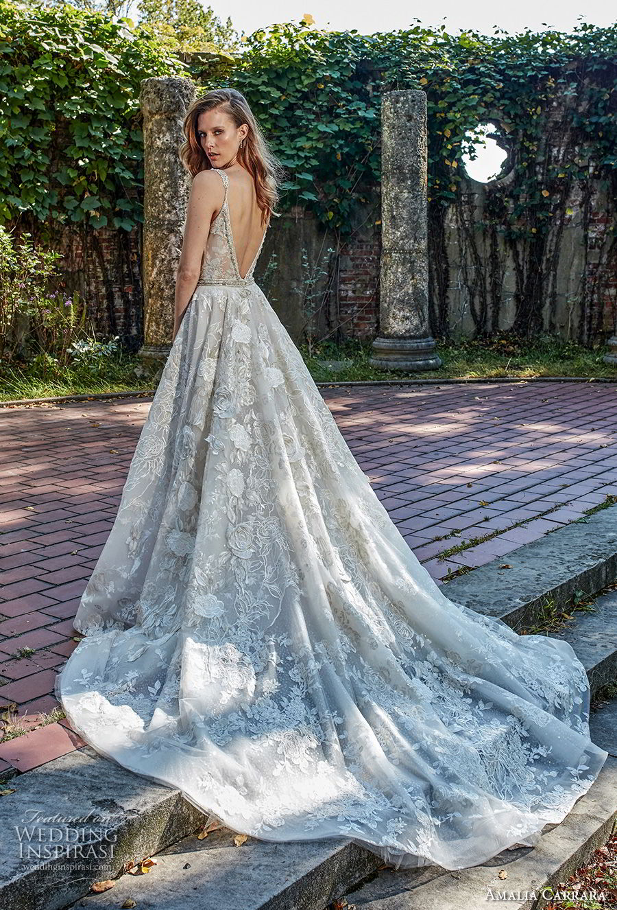amalia carrara spring 2018 bridal sleeveless deep plunging v neck full embellishment sexy romantic a  line wedding dress open v back chapel train (3) bv