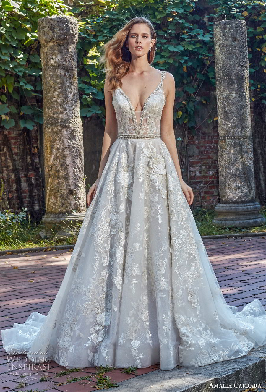 amalia carrara spring 2018 bridal sleeveless deep plunging v neck full embellishment sexy romantic a  line wedding dress open v back chapel train (3) mv